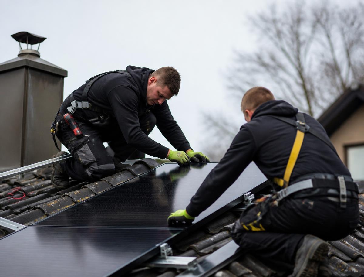Saulės elektrinė ant modernaus namo stogo